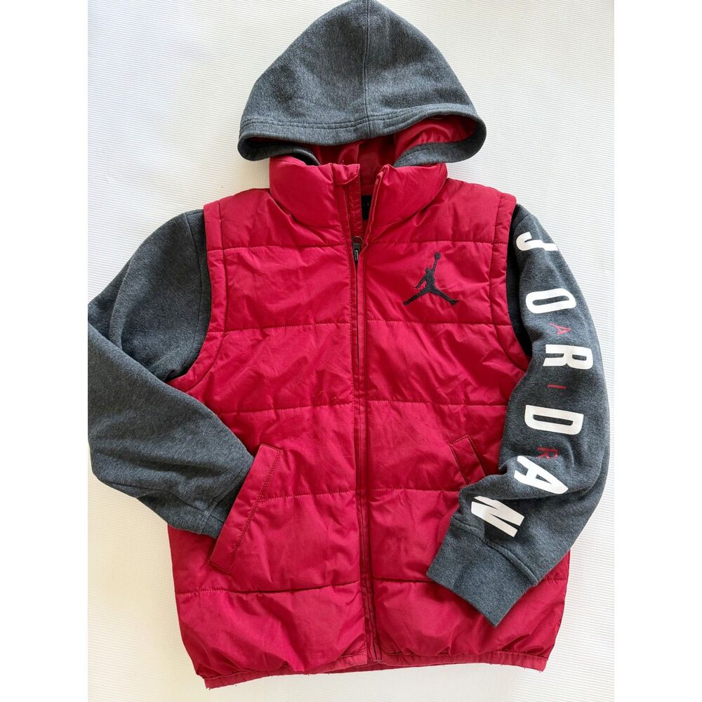 Jordan Kids Size Small Red Puffer Hoodie Jacket Gray Jumpman Air Jordan READ